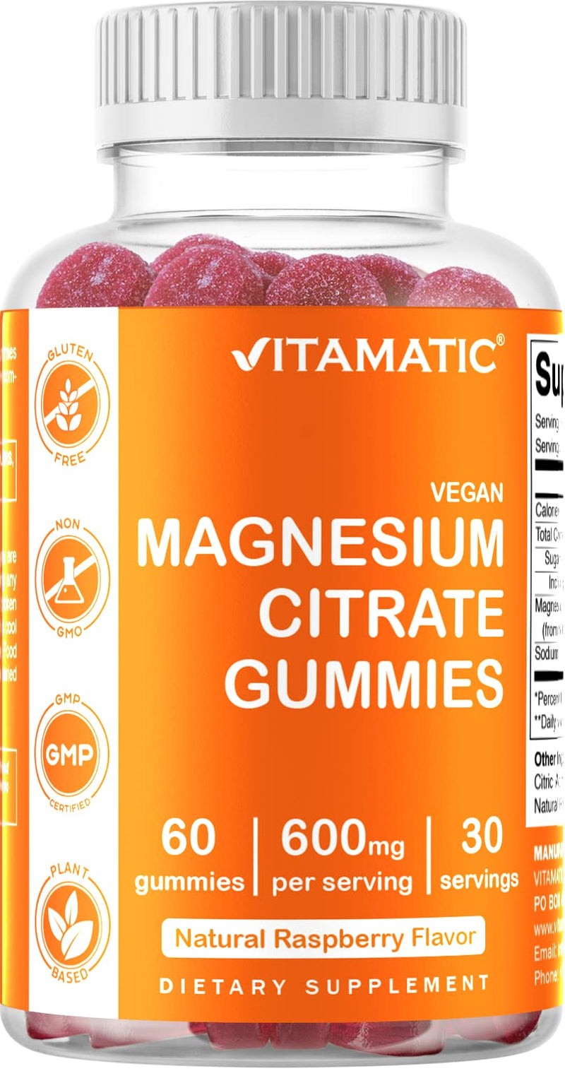 Vitamatic Magnesium Citrate Gummies 600mg per Serving - 60 Vegan Gummies - Promotes Healthy Relaxation, Muscle, Bone, & Energy Support (60 Gummies (Pack of 1)) 60 Count (Pack of 1) - NewNest Australia
