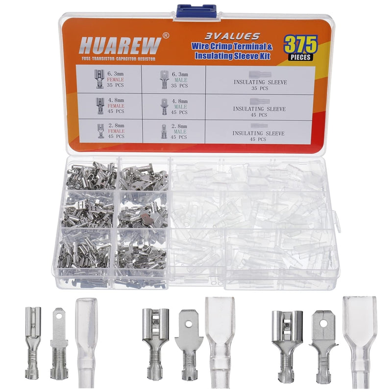 HUAREW 3 Values 375 Pcs 2.8/4.8/6.3mm Male and Female Wire Spade Connecto Crimp Terminal Insulating Sleeve Kit for Car Audio Speaker Electrical Wiring - NewNest Australia