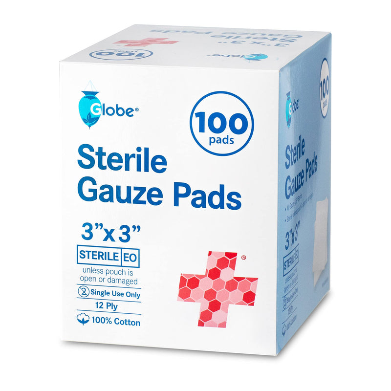 Globe 3’’ x 3’’ Advanced Sterile Gauze Pads for Wound Dressing| 100-Pack, Individually Packed | 12-Ply Cotton & Highly Absorbent| Gauze Sponge-Pads for Wound Care & Home First Aid Kits (3 x 3) - NewNest Australia