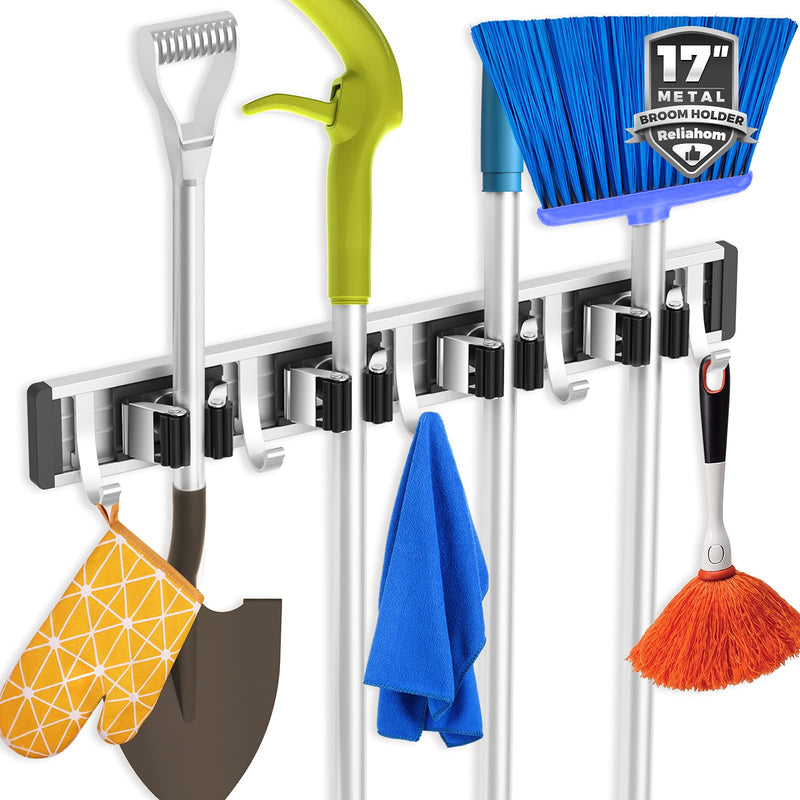 reliahom Broom Holder Mop Hanger Wall Mount Metal Organization Garage Storage System Garden Kitchen Tool Organizer (4 Racks with 5 Hooks, Black) 4 Racks 5 Hooks Black - NewNest Australia
