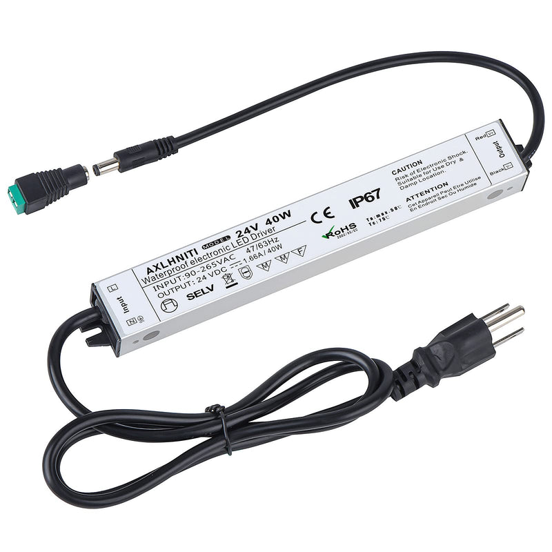LED Driver 40W 24V, Waterproof IP67 24V Power Supply, LED Transformer 90V-265V AC to 24V DC, LED Power Supply with 3-Prong Plug 3.3 Feet Cable for LED Strip Lights, Constant Voltage LED Products Pack of 1 - NewNest Australia
