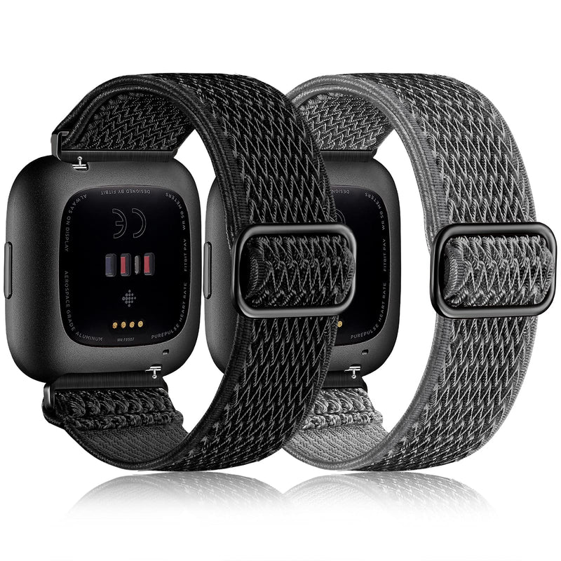 Fuleda Elastic Bands Compatible with Fitbit Versa 2 Band Women Men, 2Pack Soft Adjustable Nylon Breathable Sport Band for Versa/Versa 2/Versa Lite/SE Smartwatch Loop Stretchy Wristband, Black & Gray Black/Grey - NewNest Australia