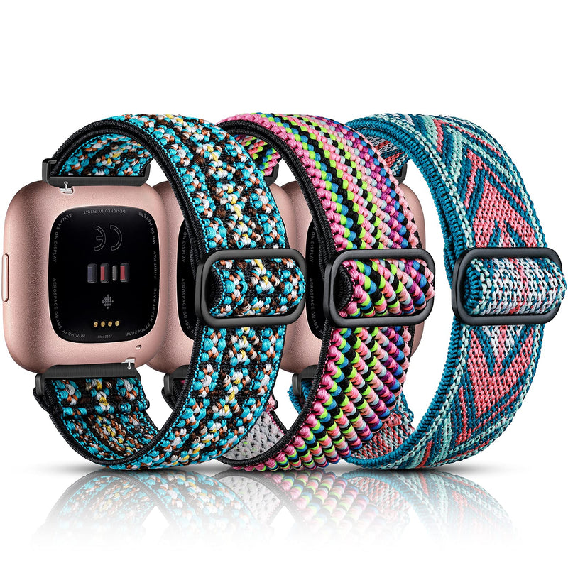 Maledan 3 Pack Elastic Band Compatible with Fitbit Versa/Fitbit Versa Lite/Fitbit Versa 2 Bands for Women Men, Adjustable Stretchy Nylon Solo Loop Strap Wristbands, Boho Green/Green Arrow/Colorful - NewNest Australia