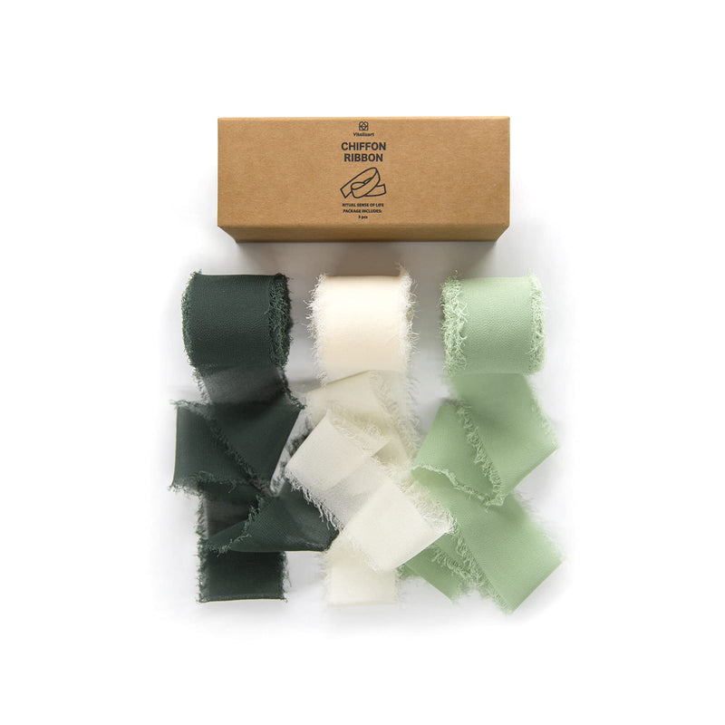 Vitalizart 3 Rolls Handmade Fringe Chiffon Silk Ribbon Gauze 1.5" x 7Yd Cream & Green Ribbons Set for Wedding Invitations, Bridal Bouquets, Gifts Wrapping, DIY Crafts - NewNest Australia