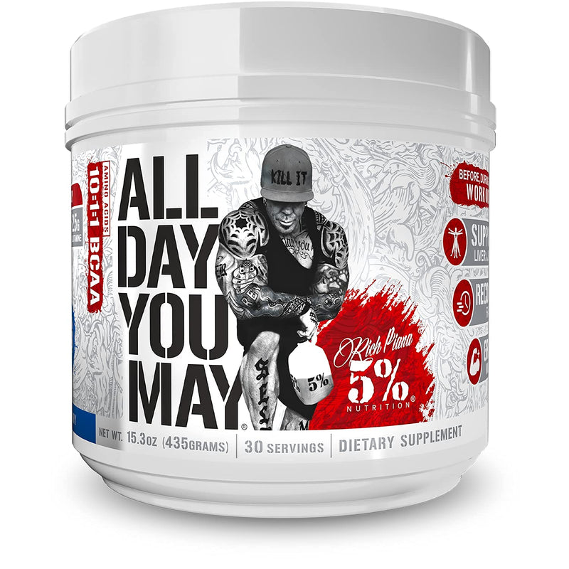 Rich Piana 5% Nutrition AllDayYouMay BCAA Powder | Premium Intra & Post Workout Amino Acids, EAAs, Electrolytes | Hydration, Endurance, Recovery | Vegan & Keto | 16.4 oz, 30 Srvgs (Blue Raspberry) Blue Raspberry - NewNest Australia