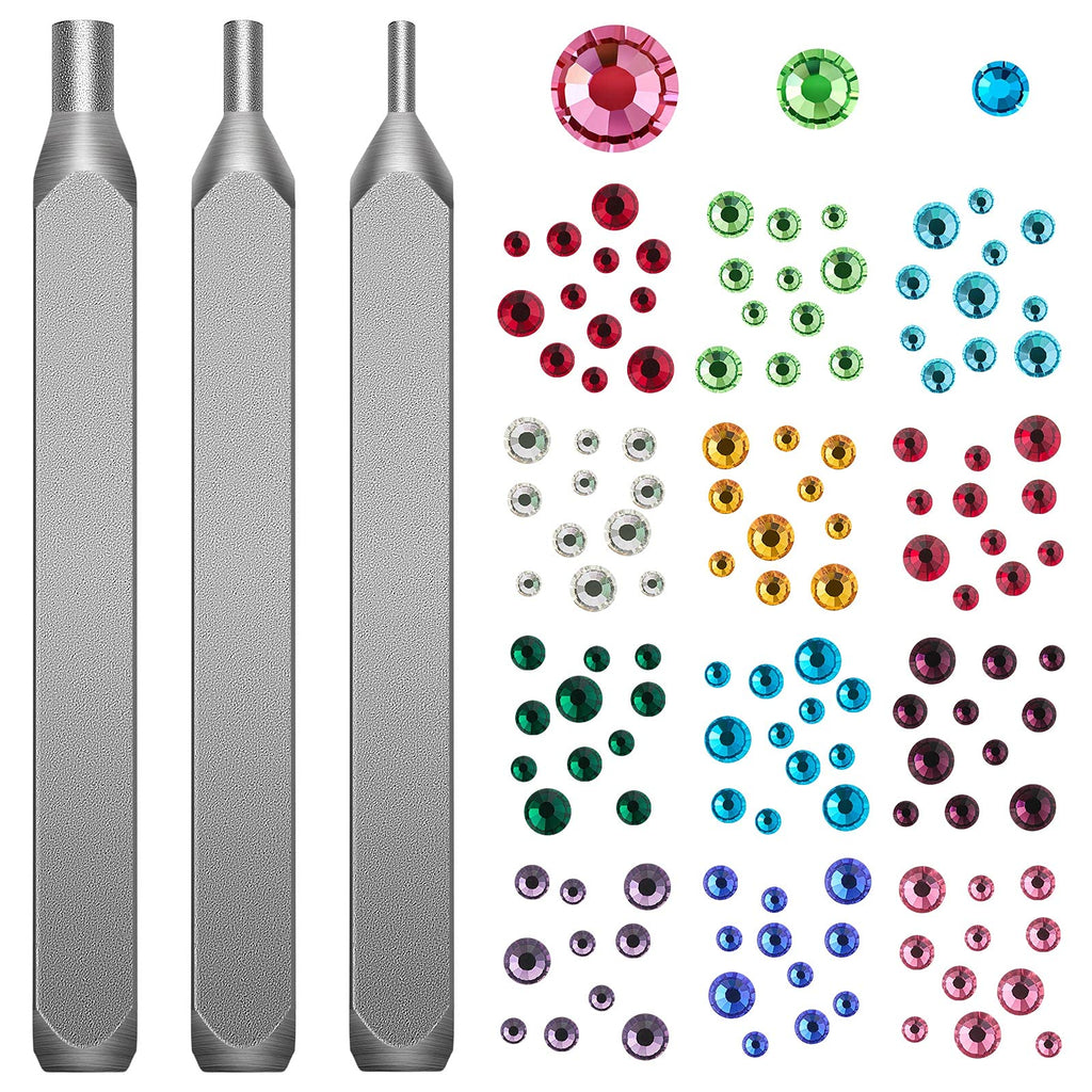 Flat Back Crystals Setter Metal Stamping Punches Kit Includes 3 Pieces Jewelry Metal Stamping Tool for DIY, 1.8 mm, 2.5 mm, 4 mm and 1500 Pieces Multi Colored Rhinestones Crystals - NewNest Australia