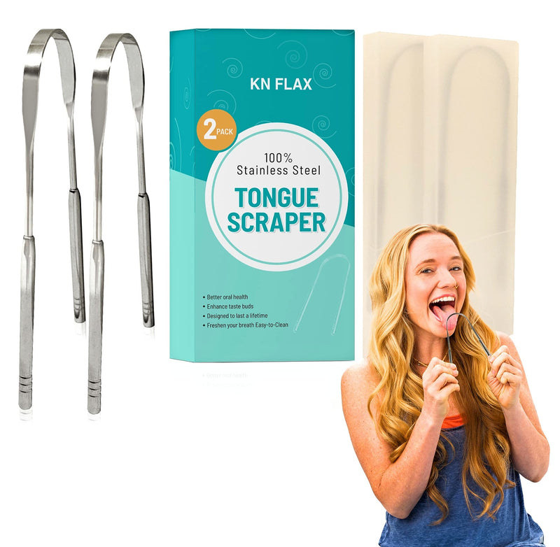 [2 pack] KN FLAX Tongue Scraper [Medical Grade] Reduce Bad Breath Maintains Oral Care 100% BPA Free Metal Tongue Scraper, Tongue Cleaner for Adults and Kids, Easy to Use with Non-Synthetic Handle 2 Count (Pack of 1) - NewNest Australia