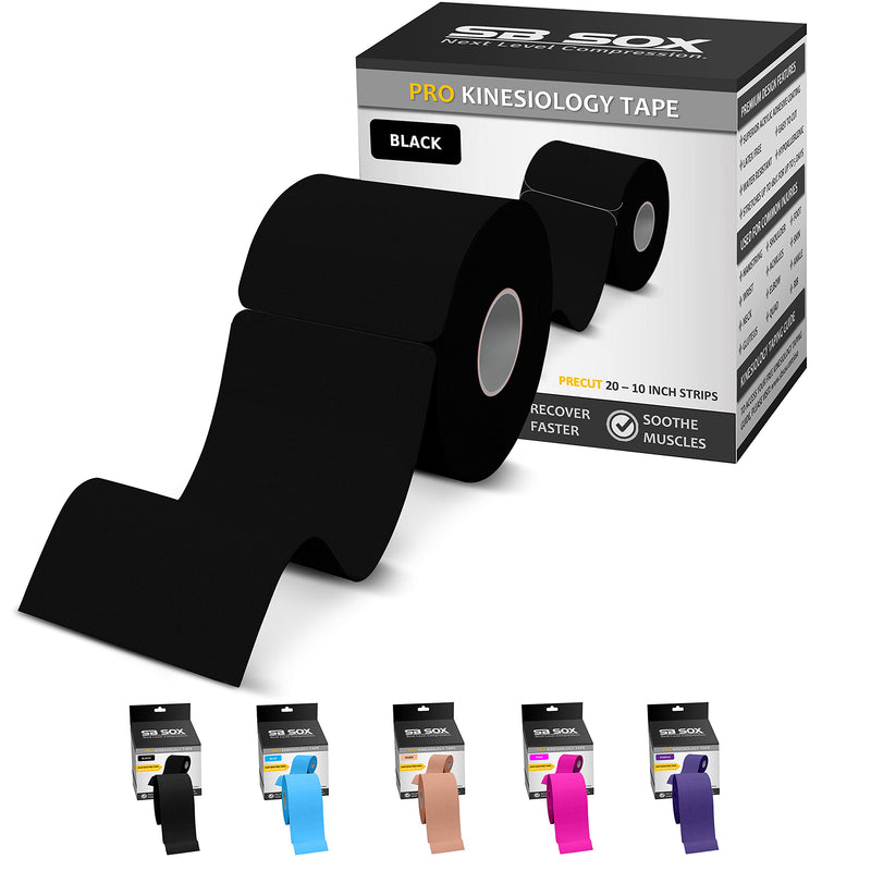SB SOX Pro Synthetic Kinesiology Tape (Precut & Uncut Options) – Longer Lasting Performance Fabric Option to Our Original Cotton Kinesiology Tape - Also Latex Free, Water Resistant! (Black - Precut) Black - Precut - NewNest Australia