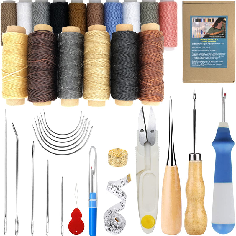 34 PCS Basic Leather Sewing Kit: Upholstery Thread Cord, Leather Waxed Thread with Sewing Awl, Seam Ripper, Tape Measure Large-Eye Stitching Needles for DIY Leather Craft Repair - NewNest Australia