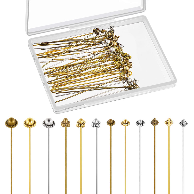 60 Pieces Jewelry Head Pins Flower Beads Ball Head Pins Needles Classical Flower Long Head Pins with Clear Box for Jewelry Making Earring Bracelet, 3 Colors (Chic Style) Chic Style - NewNest Australia