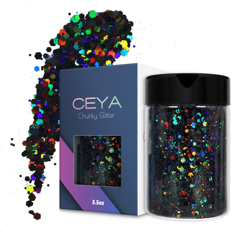 Ceya Holographic Chunky Glitter, 3.5oz/ 100g Black Craft Glitter Powder Mixed Chunky Fine Flakes Iridescent Nail Sequins for Nail Art, Hair, Epoxy Resin, Tumblers, Slime, Painting, Festival Decor - NewNest Australia