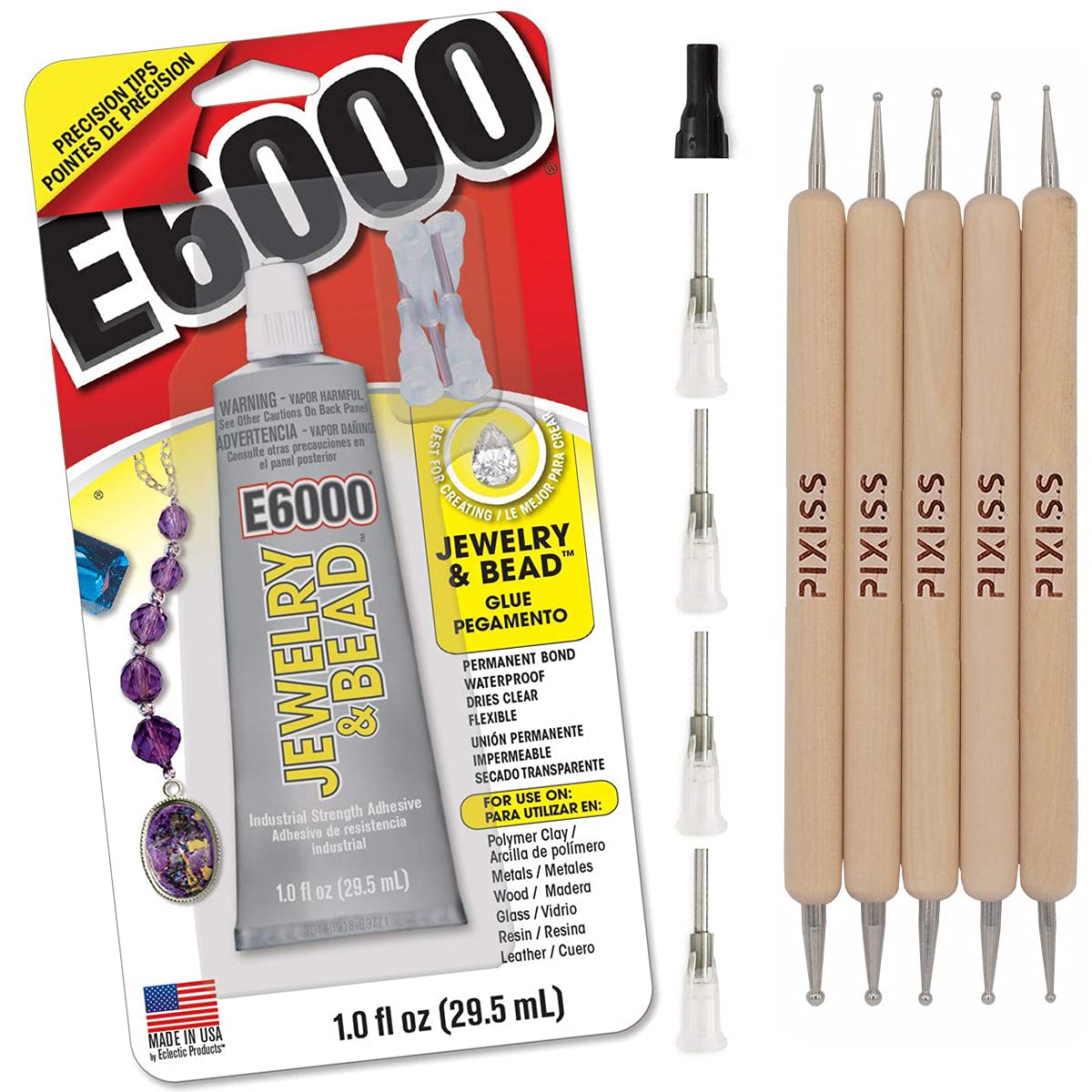 E6000 Jewelry Bead Adhesive Glue for Jewelry Making with 4 Precision  Applicator Tips and Pixiss Art Dotting Stylus Pens 5 pcs Set - Rhinestone  Applicator Kit