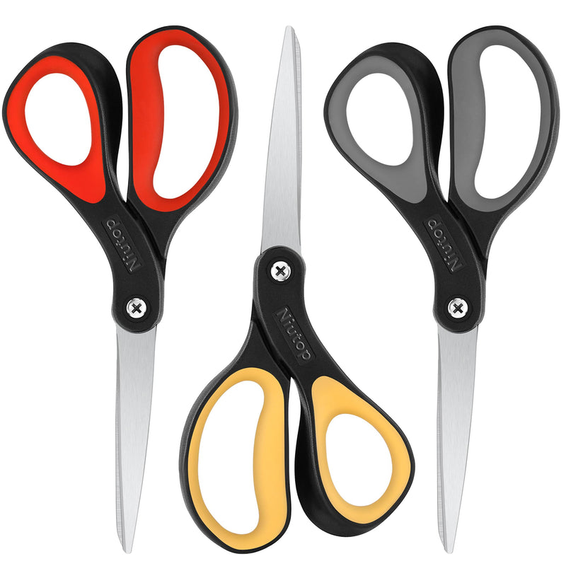 Scissors, Niutop 8" All Purpose Scissors Ergonomic Comfort Grip Craft Shears Sharp Scissors for Office Household Sewing High/Middle School Students Supplies, Black-Gray/Black-Red/Black-Yellow, 3-Pack - NewNest Australia