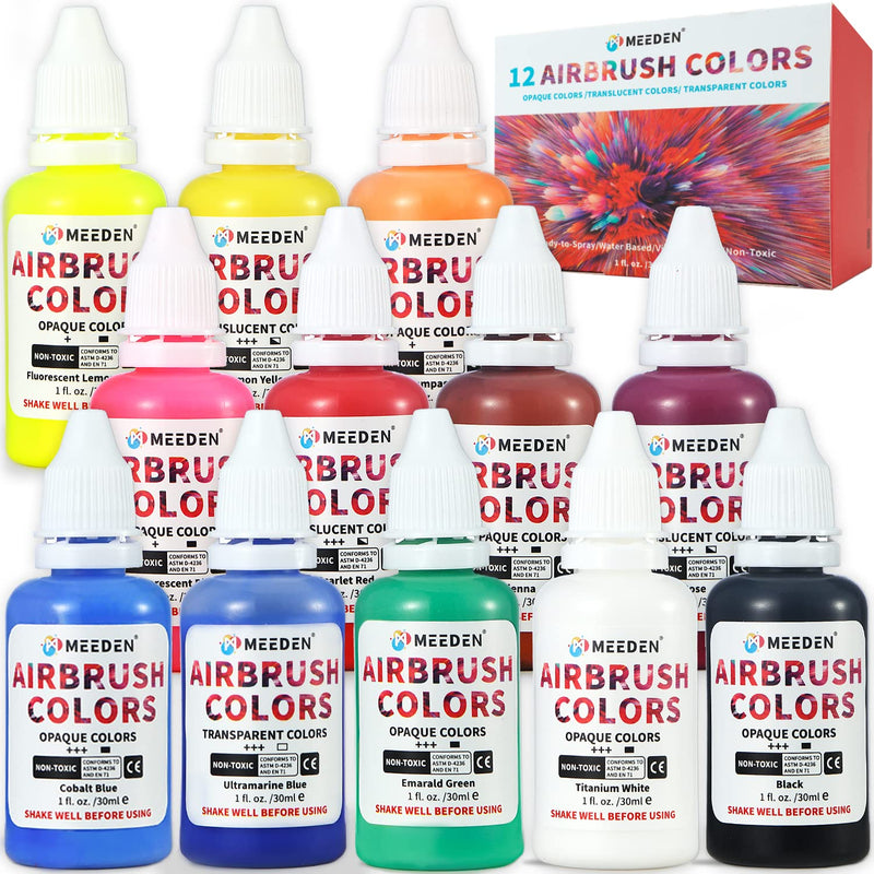 MEEDEN Airbrush Paint Kit, 12 Colors(30 ml/1fl oz.), Ready to Spray, 2 Neon Colors, Water-Based Non-Toxic for Canvas, Fabric, Wood Craft, Model, Great Airbrush Starter Kit, Acrylic Airbrush Paints Set - NewNest Australia