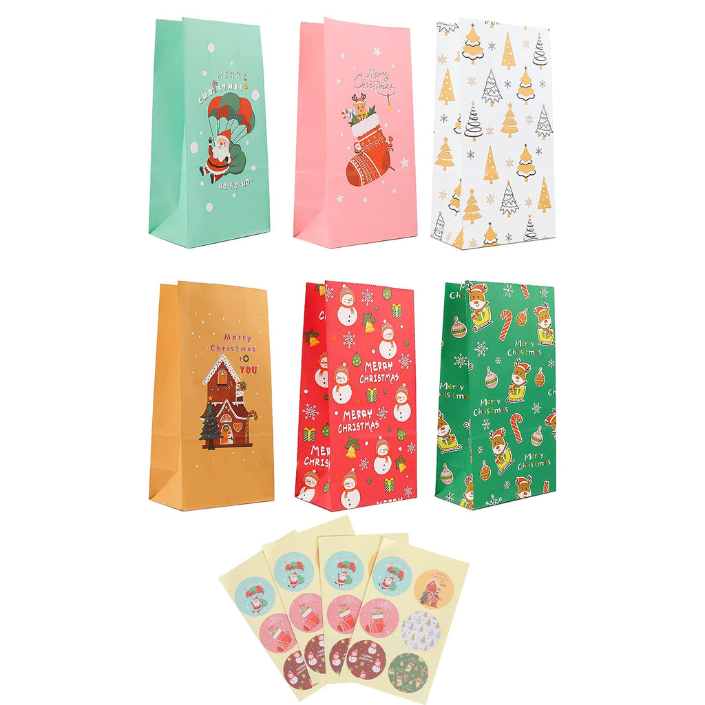 AIEX 24 pcs Christmas Goody Bags , 70gsm Specialty Paper Presents Bags with Some Beautiful Christmas Gift Stickers Wrapping for Favors Treats Snacks Stationeries Toys Crafts and Prizes - NewNest Australia