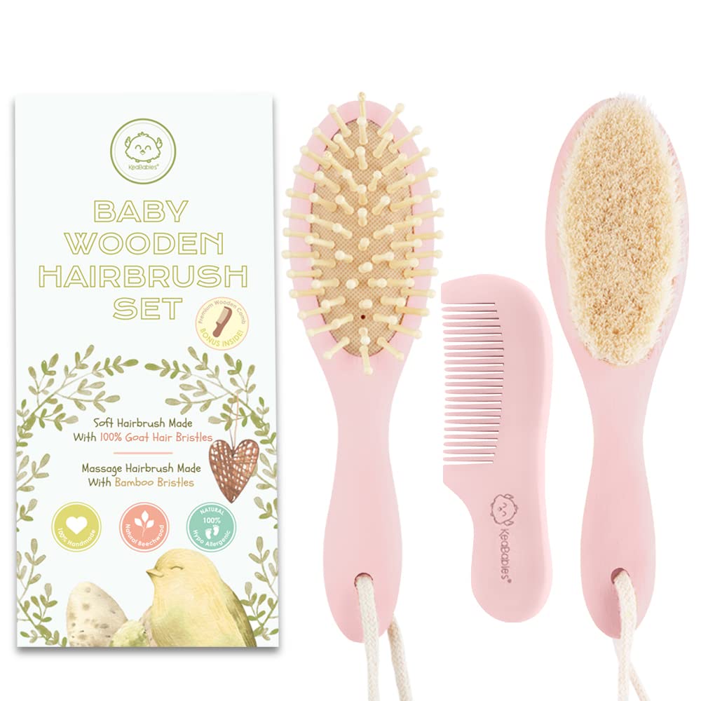 Baby Hair Brush - Natural Wooden Cradle Cap Brush with Soft Goat Bristle - Baby Brush Set for Newborns - Toddler Comb - Perfect Scalp Grooming Product for Infant, Toddler, Kids (Oval, Blush) Oval - NewNest Australia