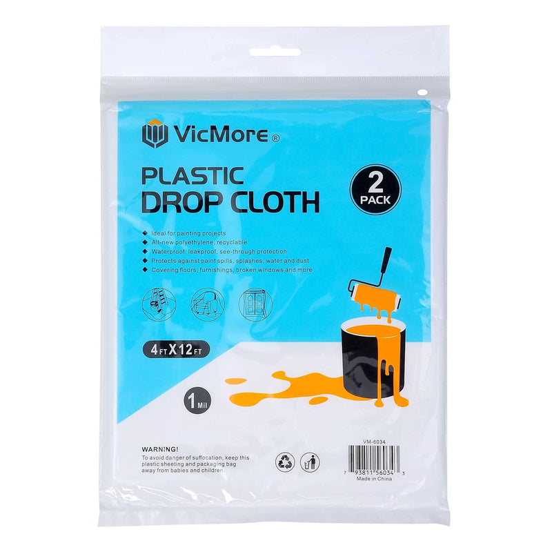 2 Pack VICMORE Plastic Drop Cloth 4-Feet by 12 Feet Paint Floor Cover Dust Sheet Waterproof Clear Tarp Plastic Sheeting 4ft x 12ft, 2 Pack - NewNest Australia