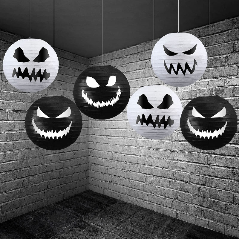 6 Pieces Halloween Paper Lanterns Party Decorations Halloween Hanging Lanterns Decorative for Home Outdoor Yard Party Supplies Favors 11.8 x 11 Inch (White, Black) - NewNest Australia