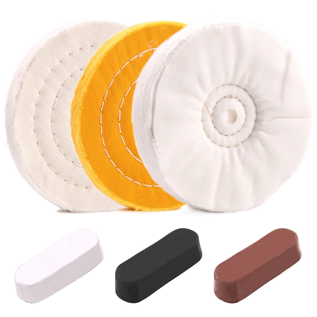 Keadic 6 Pcs 6'' Polishing Wheel with Buffing Compounds Includes Yellow (30 Ply) Flannel (30 Ply), Cotton (40 Ply) with 1/2" Arbor Hole Black Emery, Brown Tripoli and White Diamond for Bench Grinder - NewNest Australia