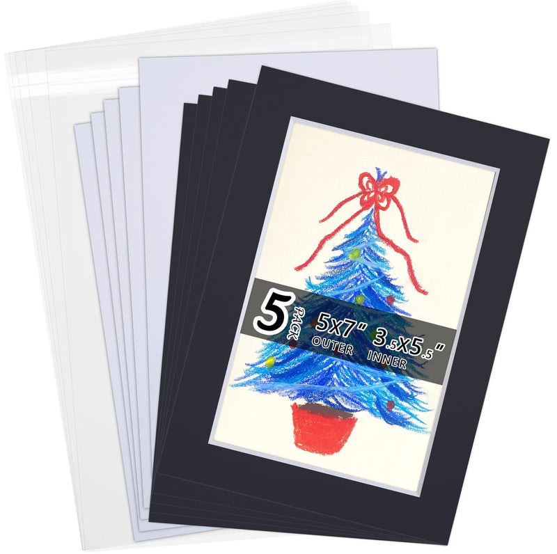 Acid Free 5 Pack 5x7 Pre-Cut Mat Board Show Kit for 4x6 Photos, Prints or Artworks, 5 Core Bevel Cut Matts and 5 Backing Boards and 5 Crystal Plastic Bags, Black 5" x 7" Pack of 5 - NewNest Australia