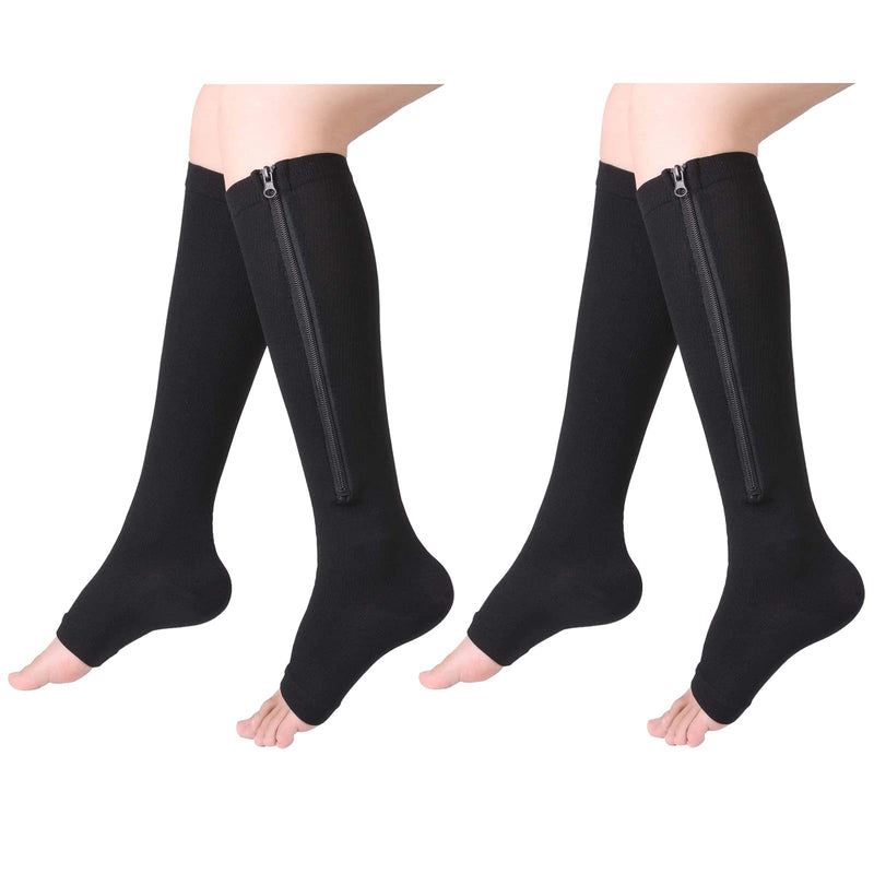 Bropite Zipper Compression Socks - 2Pairs Calf Knee High Stocking - Open Toe Compression Socks for Walking，Runnng，and Sports A - Black Small-Medium - NewNest Australia