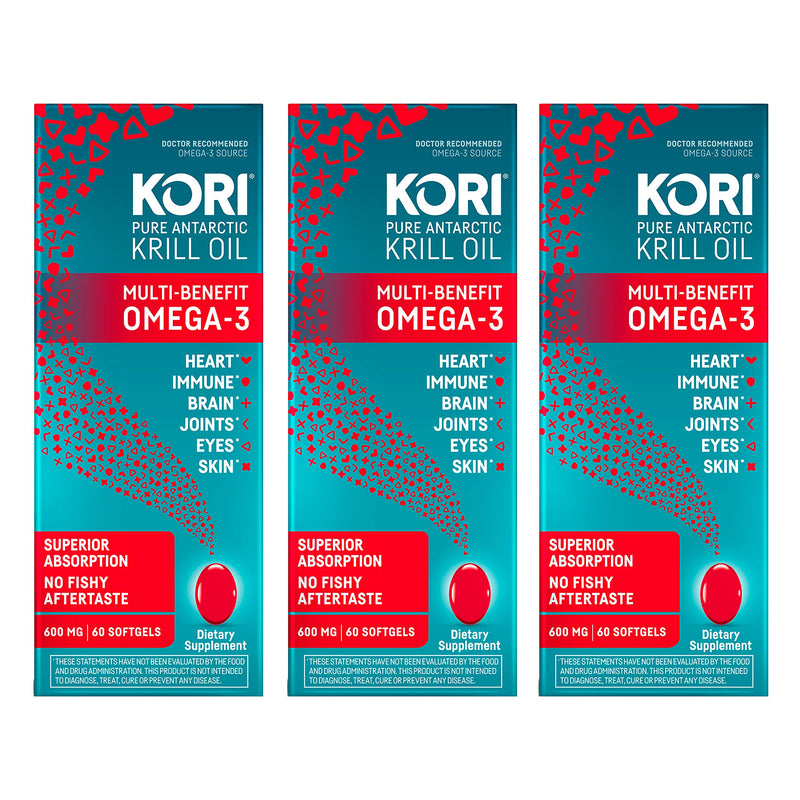 Kori Krill Oil Omega-3 600mg, 60 Softgels | Multi-Benefit Omega-3 Supplement | Superior Omega-3 Absorption vs Fish Oil and No Fishy Burps (Pack of 3) Small 600MG (3 Pack - 180 Count Total) - NewNest Australia