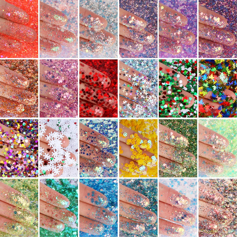 TORC Holographic Chunky Glitter Set, 24 Colors, Fine Chunky Mix Glitter for Nail Art Cosmetic Body Hair Festival Makeup Crafts, Shaker Jar Total 240 g 24 chunky glitter - NewNest Australia