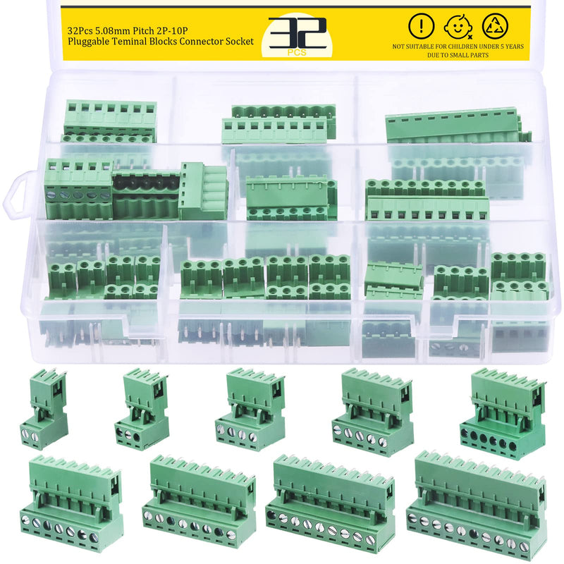 Mardatt 32Pcs 9 Type Pluggable Terminal Blocks Connector Socket, 5mm/0.2inch Pitch PCB Mount Screw Male Female Connectors(2/3/4/5/6/7/8/9 Pins) - NewNest Australia