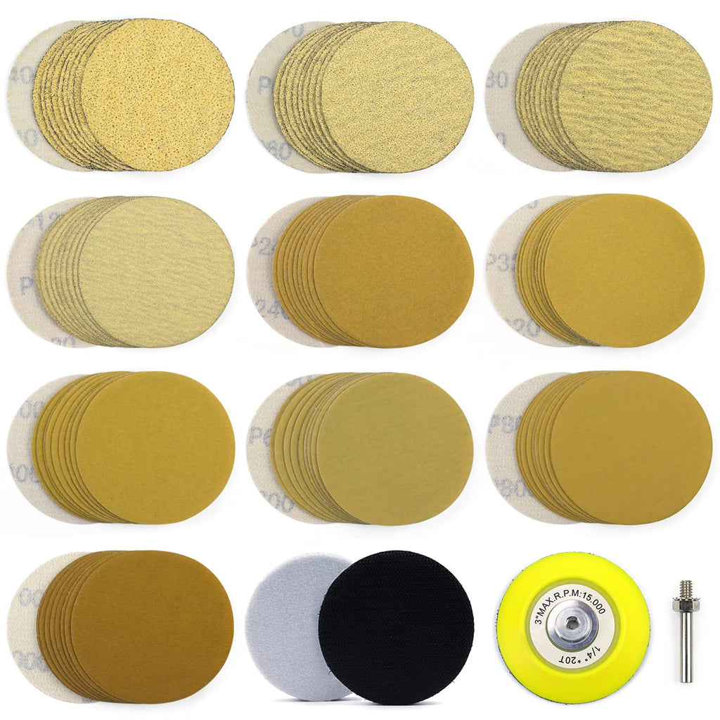 POLIWELL 100 Pack 3 Inch Sanding Discs Hook & Loop Premium Variety 40-1000 Grit Wet & Dry Gold Sandpaper, 3” Buffing Pads and Backing Plate for DA Sanders, Drills, Woodworking and Automotive - NewNest Australia