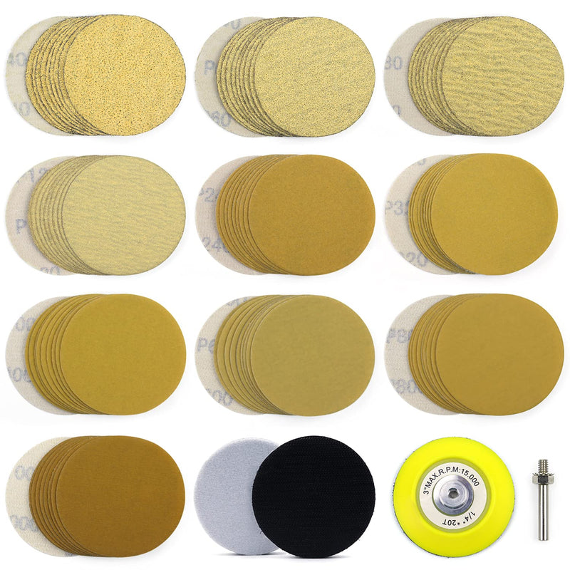 POLIWELL 100 Pack 3 Inch Sanding Discs Hook & Loop Premium Variety 40-1000 Grit Wet & Dry Gold Sandpaper, 3” Buffing Pads and Backing Plate for DA Sanders, Drills, Woodworking and Automotive - NewNest Australia