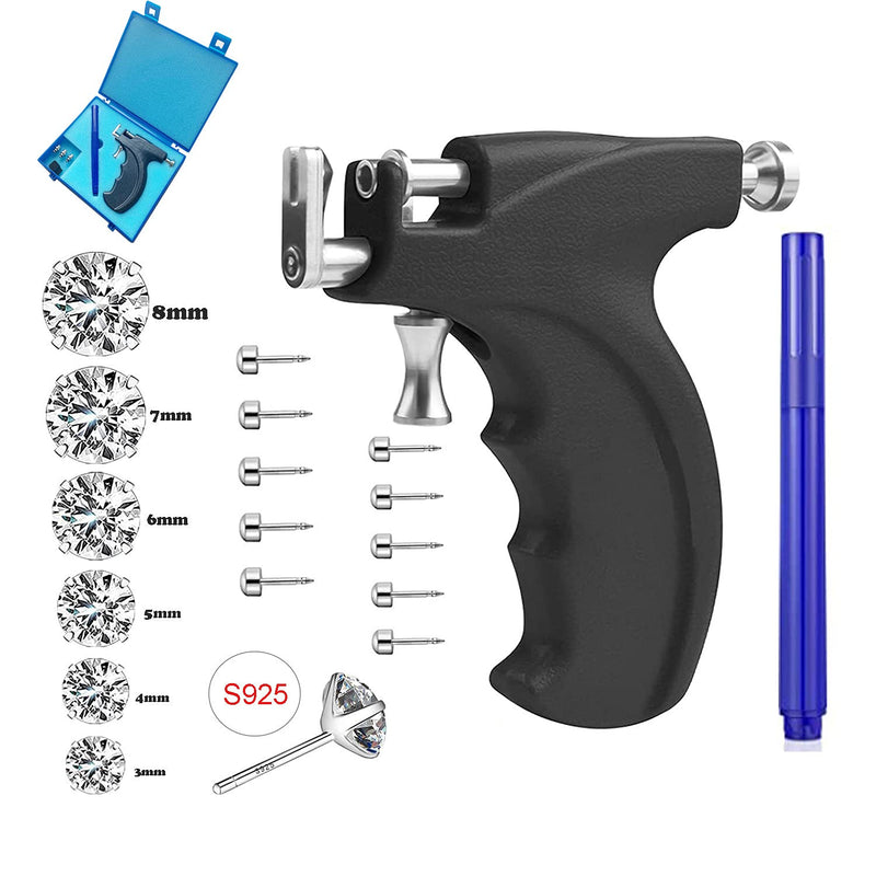 Reusable Ear Piercing Gun Kit, Professional Body Nose Lip Earrings Piercing Kit with 16 Pairs Stud Earrings (6 Pairs Sterling Silver Stud Earrings+10 Pairs Gun Stud Earrings) Black - NewNest Australia