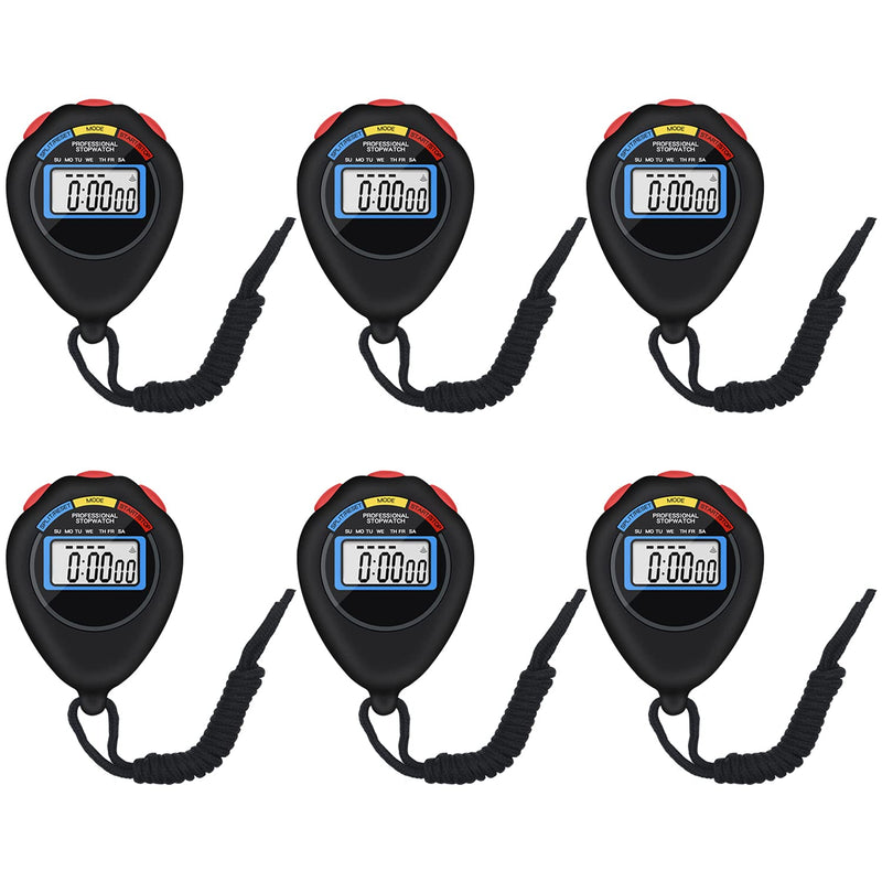 6 Pack Multi-Function Electronic Digital Sport Stopwatch Timer, Large Display with Date Time and Alarm Function,Suitable for Sports Coaches Fitness Coaches and Referees（Black） Black - NewNest Australia