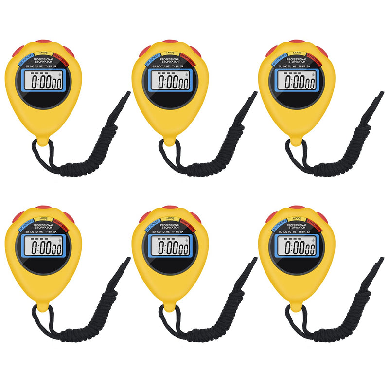 6 Pack Multi-Function Electronic Digital Sport Stopwatch Timer, Large Display with Date Time and Alarm Function,Suitable for Sports Coaches Fitness Coaches and Referees (Yellow) Yellow - NewNest Australia