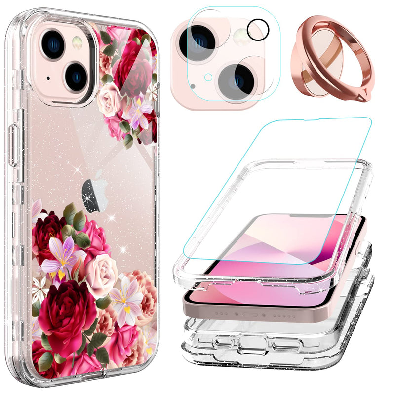 ACKETBOX for iPhone 13 Case with Screen Protector and Camera Protective Film，Heavy Duty PC Back Case + Front Cover and Clear TPU Full Body Protective Cover for iPhone 13 6.1 inch 2021 (Flowers) Flowers - NewNest Australia