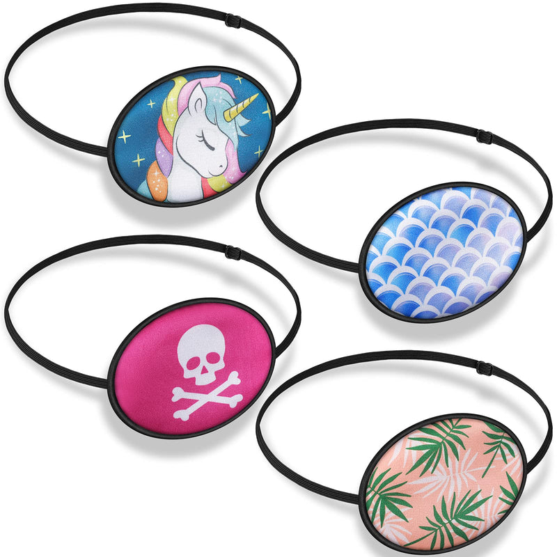 SATINIOR Silk Adjustable Eye Patch 4 Pieces Lazy Eye Patches with Elastic Strap Single Right or Left Pirate Eye Patch for Adults Kids Soft Silky Eyepatch with Unicorn Skull Leaves Wave Pattern - NewNest Australia