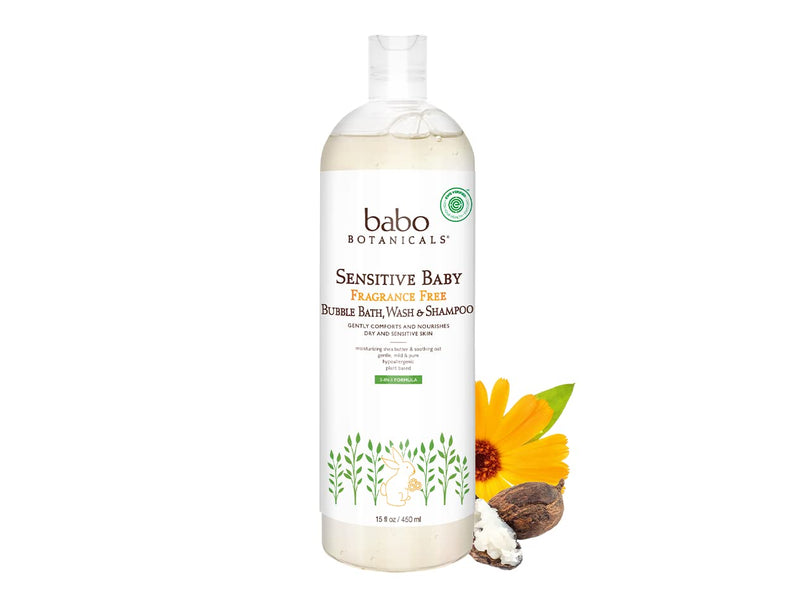 Babo Botanicals Sensitive Baby Fragrance Free 3-in-1 Bubble Bath, Wash & Shampoo - with Organic Shea Butter, Coconut Oil, Calendula & Oat - Vegan & EWG Verified - 15 fl. oz. - NewNest Australia
