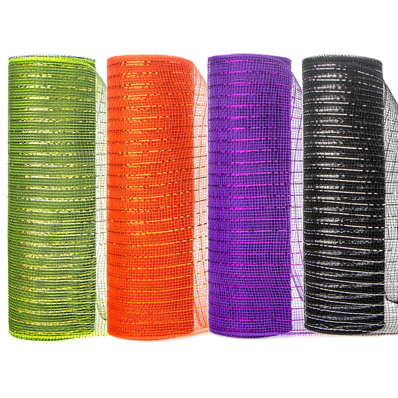 Ribbli 4 Rolls Halloween Color Metallic Mesh Ribbon, Deco Poly Mesh 10 inch x 30 feet(10Yard) Each Roll,Halloween Ribbon for Wreath Swags-Moss Green/Orange/Purple/Black 4 Rolls-Moss/Orange/Purple/Black(silver foil) - NewNest Australia