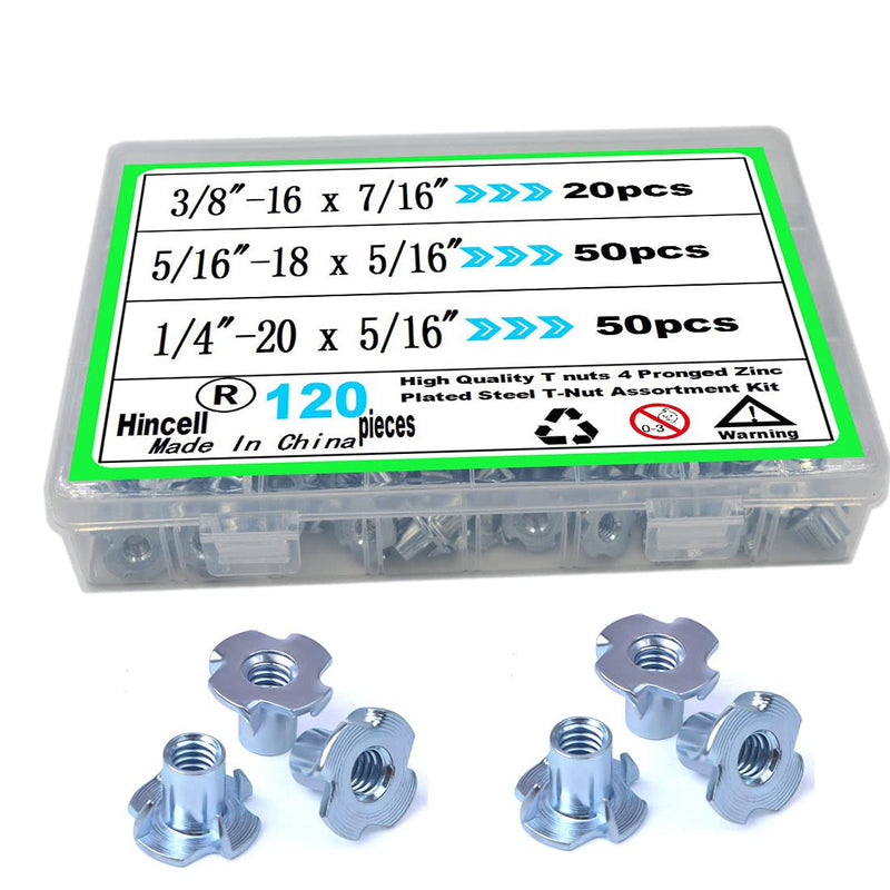 T Nuts 1/4"-20,5/16"-18, 3/8"-16,Hincell 120pcs Zinc Plated Steel T-Nut 4 Pronged Tee Blind Nuts Assortment Kit for Wood, Rock Climbing Holds, Cabinetry, Furniture,etc. - NewNest Australia