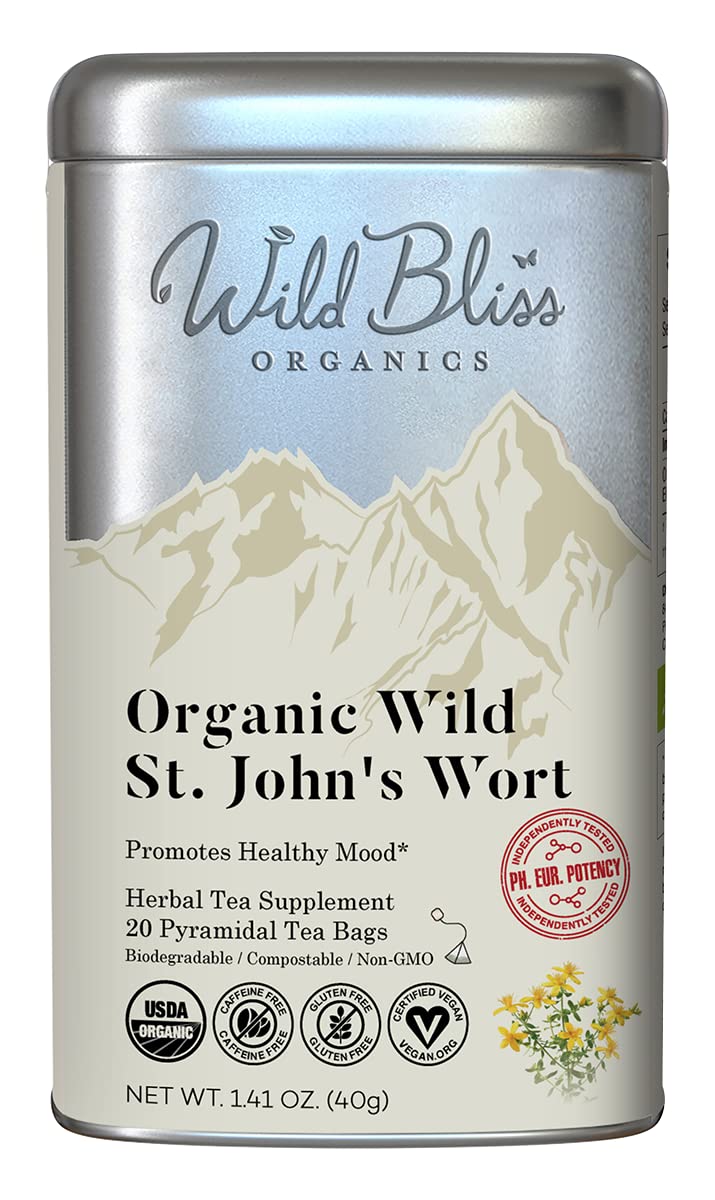 Wild Bliss St Johns Wort Tea - Organic Caffeine Free Herbal Tisane - Pharmacopoeia Potency - 20 Tea Bags Metal Canister - 25 Tea Bags - NewNest Australia