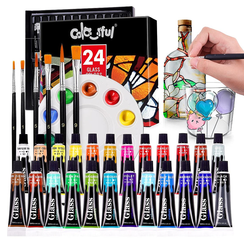 COLORFUL Stain Glass Paint Set with 6 Brushes, 1 Palette, 24 Color Waterproof Acrylic Enamel Painting Kit for Kids to Arts on Transparent Wine Glasses, Light Bulbs, Porcelain, Windows and Ceramics - NewNest Australia