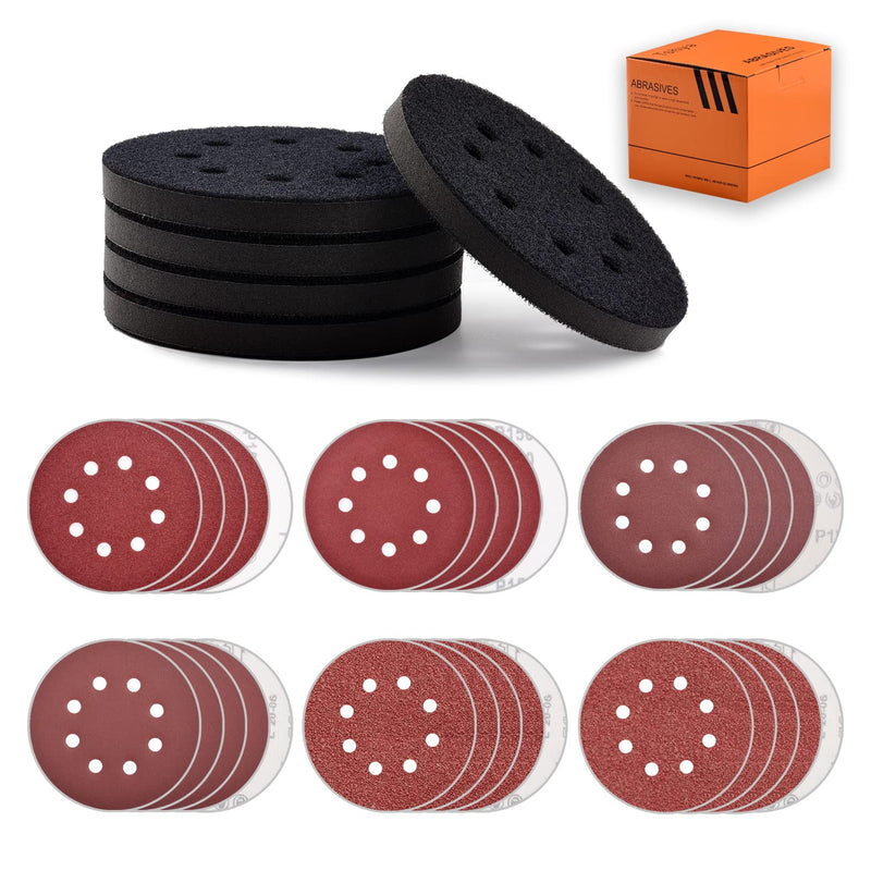 Tshya 5 Pcs 5 inch 8 Holes Hook and Loop Backing Sponge Pad Soft Density Interface Pads Buffer Backing Cushion with 30 Pcs 5 inch Sanding Discs Include 100/150/180/240/320/400 Grit - NewNest Australia