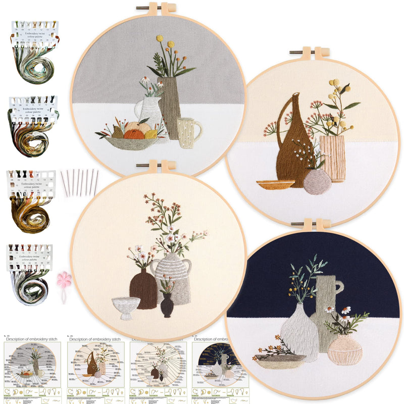4 Embroidery kit Vase Pattern Stitching Embroidered Cloth Embroidery Starter kit light color - NewNest Australia