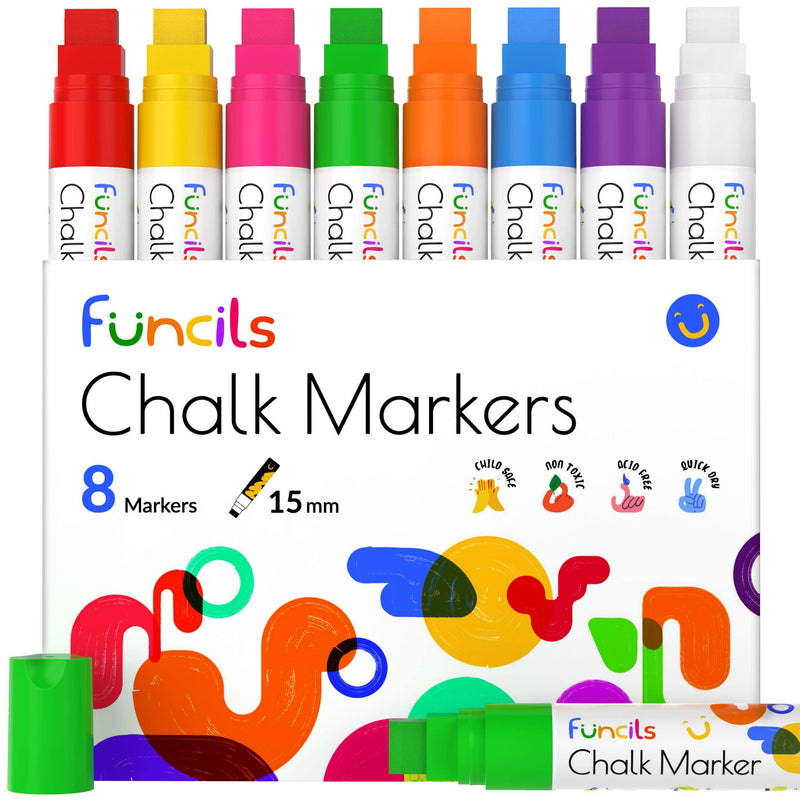 Funcils 8 Washable Window Markers For Cars - 15mm Jumbo Neon Paint Chalk Markers for Glass, Chalkboard, Blackboard, Bistro, Auto, Menu Board - Chalk Pens Loved by Teachers, Kids, Artists, Businesses - NewNest Australia