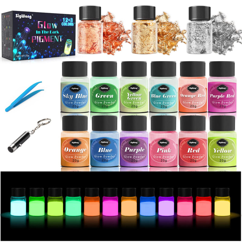 Glow in The Dark Pigment Mica Powder - 12 Colors Luminous Powder 20g/0.7oz and 3 Colors Gold Foil Flakes 2g, Epoxy Resin Color Dyes for Resin Art, Slime, Nail Art, Acrylic Paint and DIY Crafts - NewNest Australia