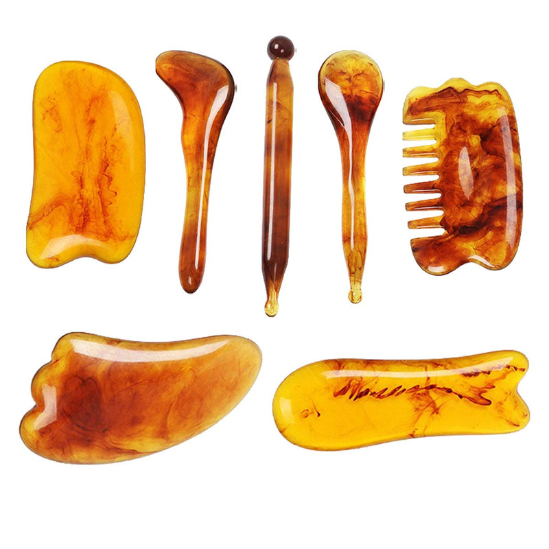 7 Pack Gua Sha Scraping Massage Facial Tools Kit, Resin Amber Guasha Scraper Board Health Care Beauty Scrape Plate with Flax Bag for Face Body Leg Back Care Physical Acupuncture Deep Tissue Therapy - NewNest Australia
