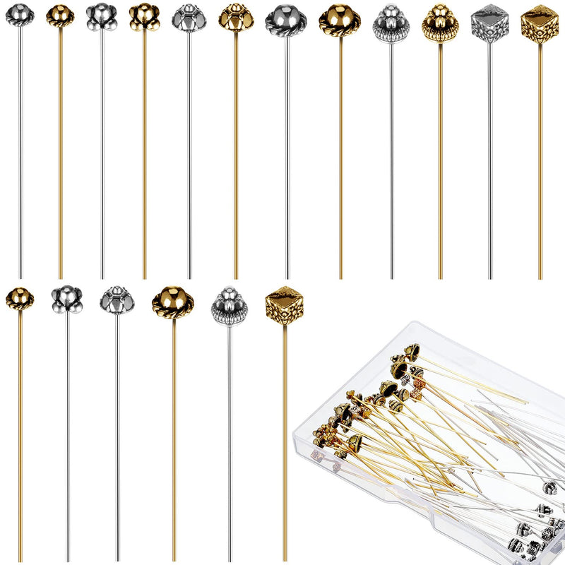 60 Pieces Jewelry Head Pins Mixed Color Alloy Pins Flower Needle Retro Long Metallic Head Pins Silver and Gold Beading Headpins for Jewelry Making Earring Bracelet Women DIY Accessories - NewNest Australia