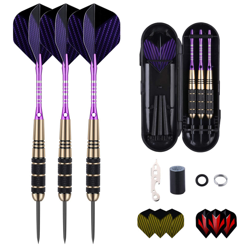 sanfeng Darts Metal Tip Set for Dartboard, Steel Tip Darts 22g 23g 24g 27g with Black Blue Green Aluminum Shafts + Extra Flights + 50pcs Rubber O-Rings 12pcs Spring Rings + 1pcs Dart Sharpener Tool 24g-Purple--3 Pack - NewNest Australia