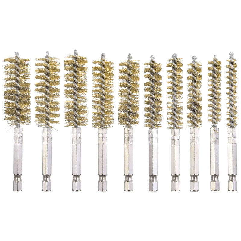 WENORA 10 Piece Bore Brush Set- Stainless Steel Bore Brushes with 1/4" Hex Shank Twisted Wire Bore Brushes with Different Bristle Lengths for Tubes Ports Bearings Cleaning, 4 Inch in Length Brass coating - NewNest Australia