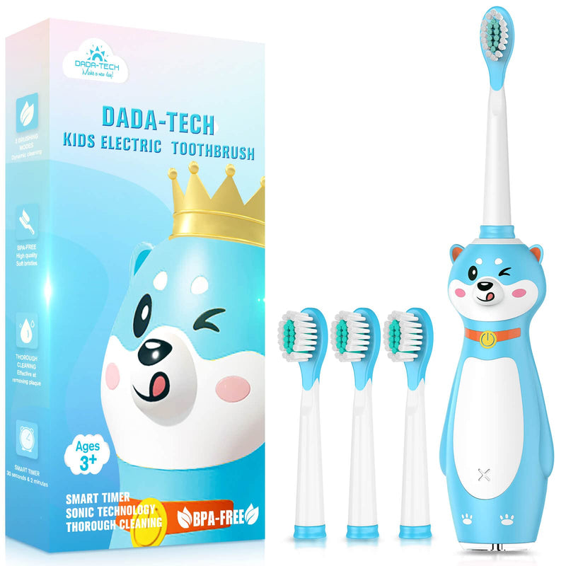 Kids Electric Toothbrush Rechargeable, Sonic Silicone Teeth Brush with Timer for Children Boys Girls Ages 3+, 3 Modes with Memory, 4 Soft Brush Heads (Blue Shiba Inu Dog) Blue - NewNest Australia