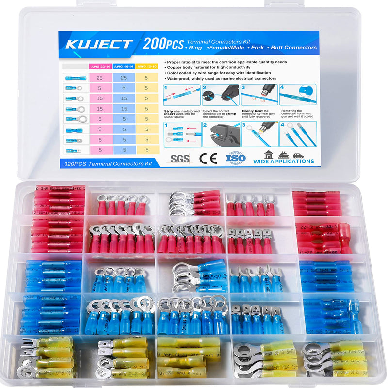 Kuject Heat Shrink Wire Connectors, Multipurpose Waterproof Electrical Wire Terminals kit, Insulated Crimp Connectors Ring Fork Spade Butt Splices for Automotive Marine Boat Truck (200PCS) 200PCS - NewNest Australia